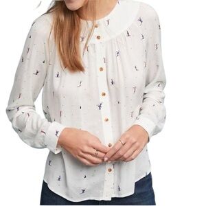 Anthropologie 23 of 52 Conversations Novelty Ski Winter Scene Button Up Blouse 4